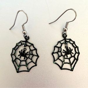 Black spiderweb and spider dangle earrings